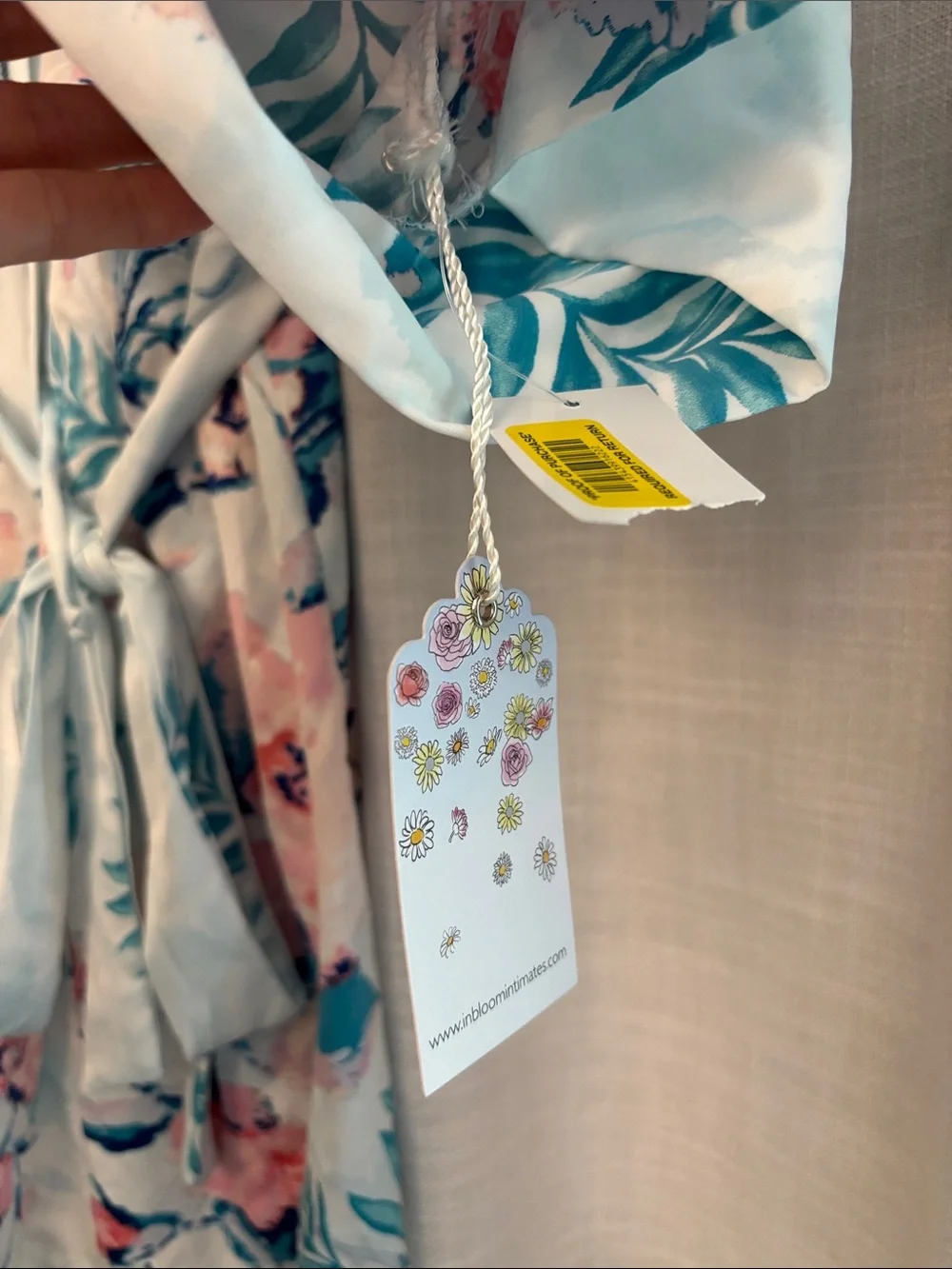 In Bloom by Jonquil Jade Floral Satin Kimono Robe in Pastel Pink & Teal, XS-S - Picture 3 of 7